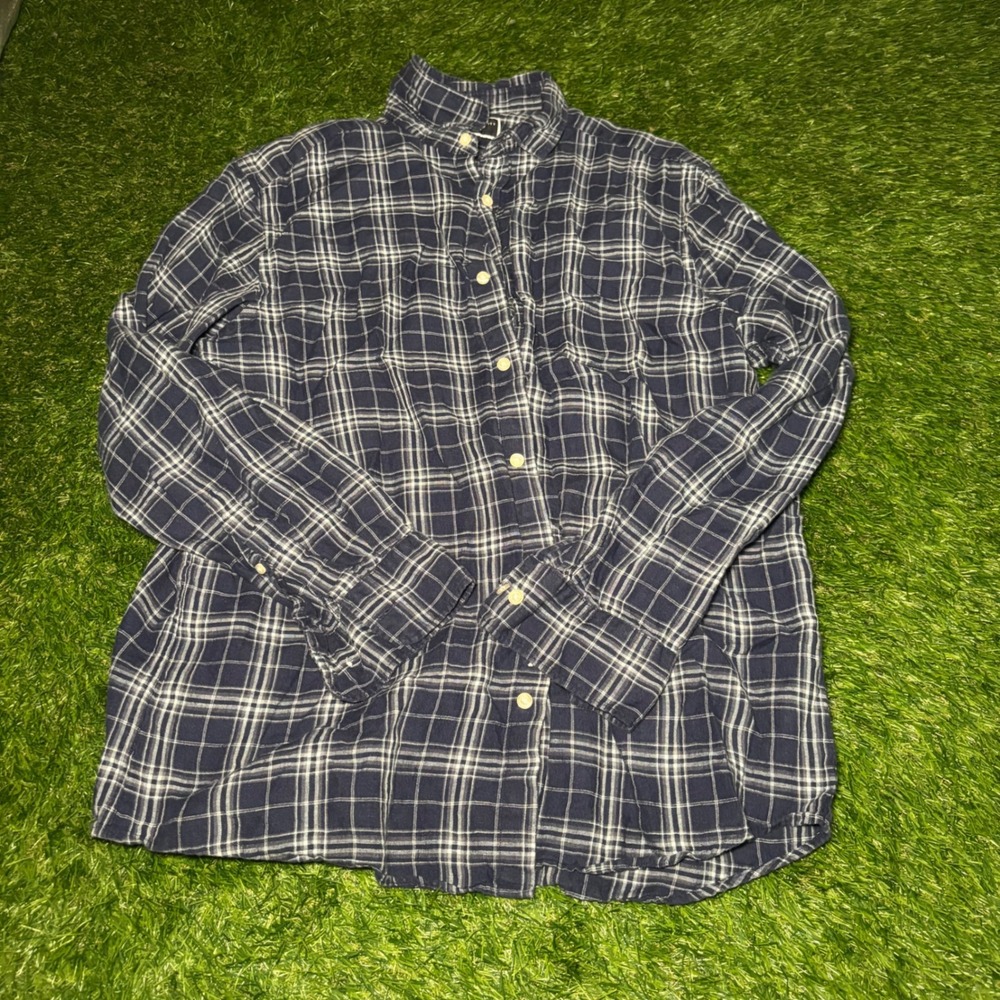 Charles Tyrwhitt Mens Large Blue White Plaid 100% Linen Classic Fit Button Shirt